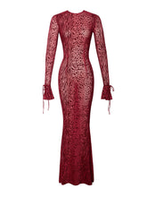 Load image into Gallery viewer, WAYLYNN BURGUNDY BURNOUT VELVET DETAIL MESH BACKLESS MAXI DRESS