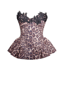 QIARA CHEETAH PRINT PEPLUM TOP WITH LACE TRIM