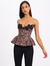 Load image into Gallery viewer, QIARA CHEETAH PRINT PEPLUM TOP WITH LACE TRIM