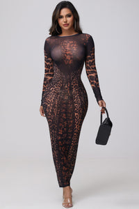 JILA LEOPARD PRINT MESH MAXI DRESS