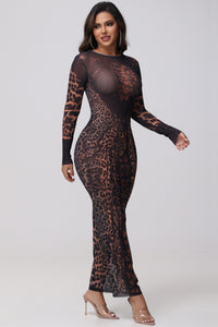 JILA LEOPARD PRINT MESH MAXI DRESS