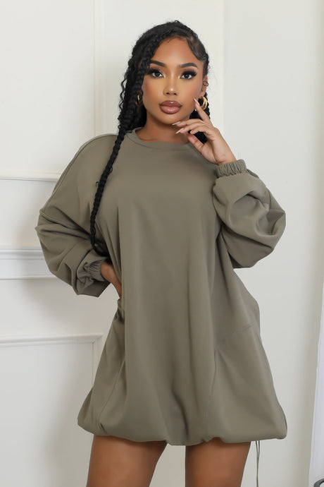 OLIVE DRAWSTRING BUBBLE DRESS