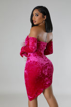 Load image into Gallery viewer, CRUSHED VELVET FEATHERED ASYMMETRICAL DRESS