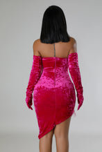 Load image into Gallery viewer, CRUSHED VELVET FEATHERED ASYMMETRICAL DRESS