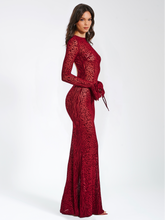 Load image into Gallery viewer, WAYLYNN BURGUNDY BURNOUT VELVET DETAIL MESH BACKLESS MAXI DRESS