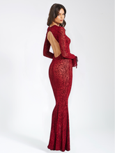 Load image into Gallery viewer, WAYLYNN BURGUNDY BURNOUT VELVET DETAIL MESH BACKLESS MAXI DRESS