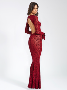 WAYLYNN BURGUNDY BURNOUT VELVET DETAIL MESH BACKLESS MAXI DRESS