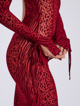 Load image into Gallery viewer, WAYLYNN BURGUNDY BURNOUT VELVET DETAIL MESH BACKLESS MAXI DRESS