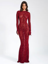 Load image into Gallery viewer, WAYLYNN BURGUNDY BURNOUT VELVET DETAIL MESH BACKLESS MAXI DRESS