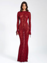 Load image into Gallery viewer, WAYLYNN BURGUNDY BURNOUT VELVET DETAIL MESH BACKLESS MAXI DRESS