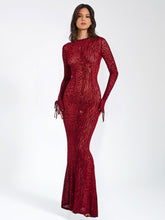 Load image into Gallery viewer, WAYLYNN BURGUNDY BURNOUT VELVET DETAIL MESH BACKLESS MAXI DRESS