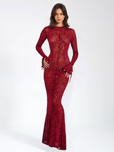 Load image into Gallery viewer, WAYLYNN BURGUNDY BURNOUT VELVET DETAIL MESH BACKLESS MAXI DRESS