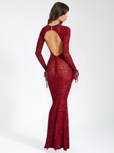 Load image into Gallery viewer, WAYLYNN BURGUNDY BURNOUT VELVET DETAIL MESH BACKLESS MAXI DRESS