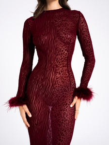 PATRICIA BURGUNDY LEOPARD BURNOUT VELVET MESH BACKLESS MAXI DRESS