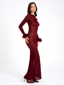 PATRICIA BURGUNDY LEOPARD BURNOUT VELVET MESH BACKLESS MAXI DRESS