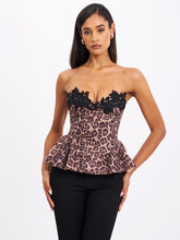 Load image into Gallery viewer, QIARA CHEETAH PRINT PEPLUM TOP WITH LACE TRIM