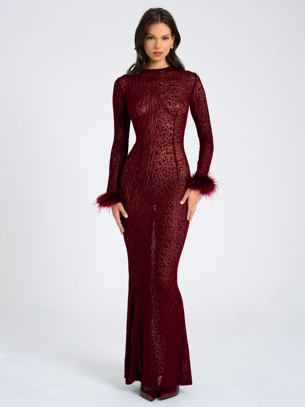 PATRICIA BURGUNDY LEOPARD BURNOUT VELVET MESH BACKLESS MAXI DRESS