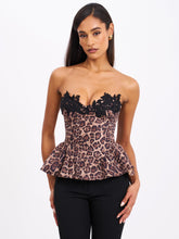 Load image into Gallery viewer, QIARA CHEETAH PRINT PEPLUM TOP WITH LACE TRIM