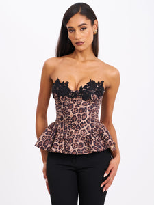 QIARA CHEETAH PRINT PEPLUM TOP WITH LACE TRIM