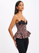 Load image into Gallery viewer, QIARA CHEETAH PRINT PEPLUM TOP WITH LACE TRIM