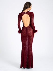 PATRICIA BURGUNDY LEOPARD BURNOUT VELVET MESH BACKLESS MAXI DRESS