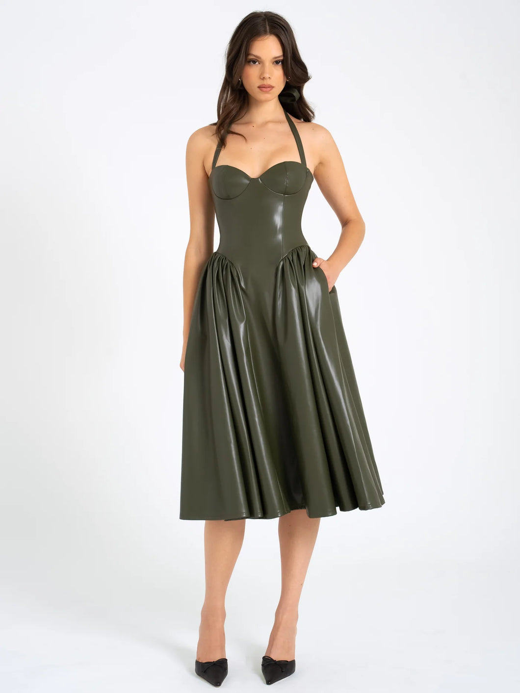 ELIANA OLIVE VEGAN LEATHER DRESS