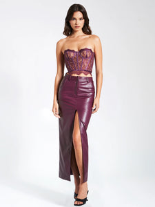 NOYA PURPLE FRONT SLIT VEGAN LEAHTER SKIRT