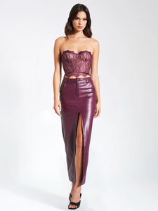 NOYA PURPLE FRONT SLIT VEGAN LEAHTER SKIRT