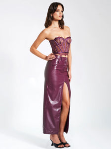 NOYA PURPLE FRONT SLIT VEGAN LEAHTER SKIRT