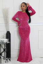 Load image into Gallery viewer, PINK BURNOUT VELVET DETAIL MESH BACKLESS MAXI DRESS