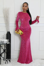 Load image into Gallery viewer, PINK BURNOUT VELVET DETAIL MESH BACKLESS MAXI DRESS