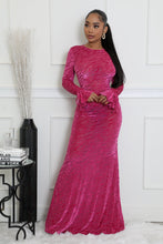 Load image into Gallery viewer, PINK BURNOUT VELVET DETAIL MESH BACKLESS MAXI DRESS