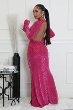 Load image into Gallery viewer, PINK BURNOUT VELVET DETAIL MESH BACKLESS MAXI DRESS