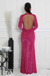 PINK BURNOUT VELVET DETAIL MESH BACKLESS MAXI DRESS