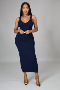 RIBBED FITTED NAVY DRESS