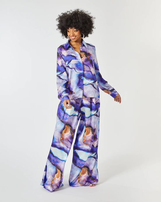 TIA WIDE LEG TROUSER WITH GATHERED WAISTBAND IN PURPLE MARBLE PRINT