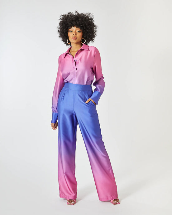 BLUE AND PURPLE OMBRE SATIN WIDE LEG TROUSER