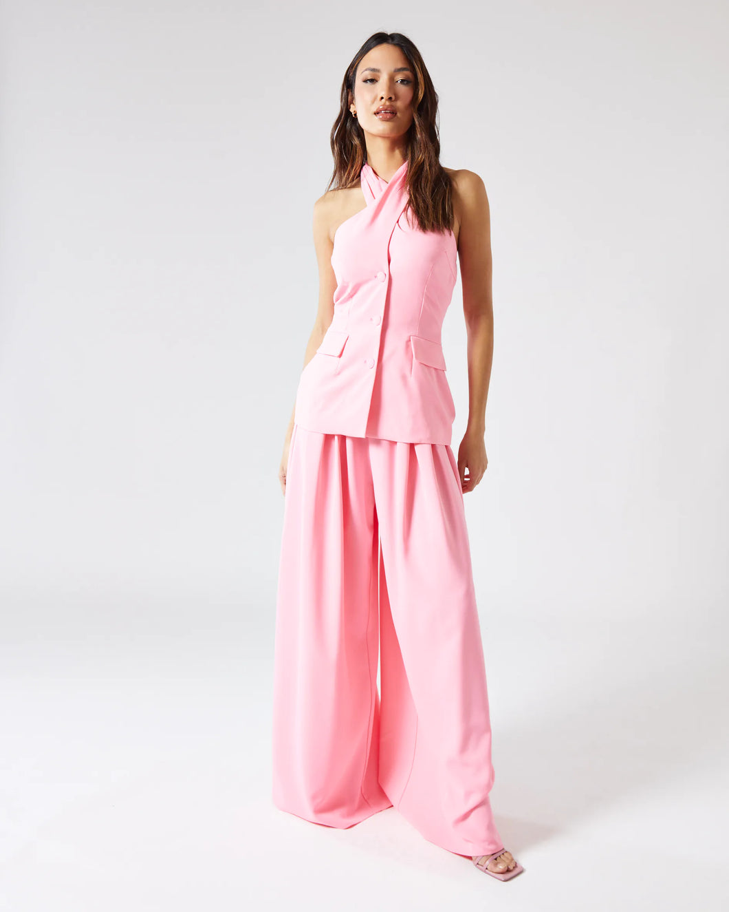 IZZY WIDE LEG TROUSER WITH GATHERED WAISTBAND IN PINK