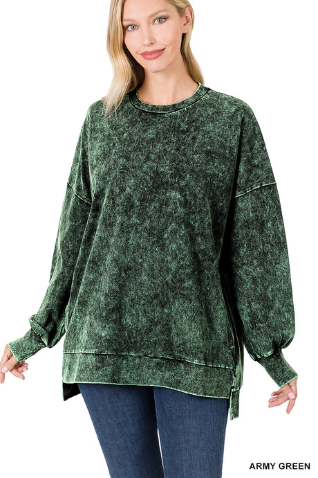 MINERAL WASH ROUND NECK HI-LOW HEM PULLOVER