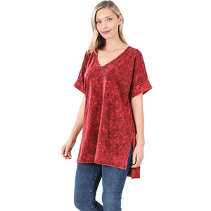 MINERAL WASHED ROLLED SHORT SLEEVE V-NECK TOP