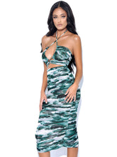Load image into Gallery viewer, QUINCEE GREEN MESH PRINT CUTOUT LACE UP DRESS