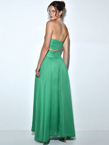QUINBY GREEN SILK PLEATED LACE UP MAXI DRESS