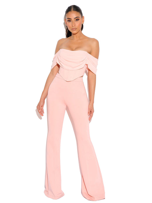 TAYA SALMON PINK CREPE FLARED TROUSERS