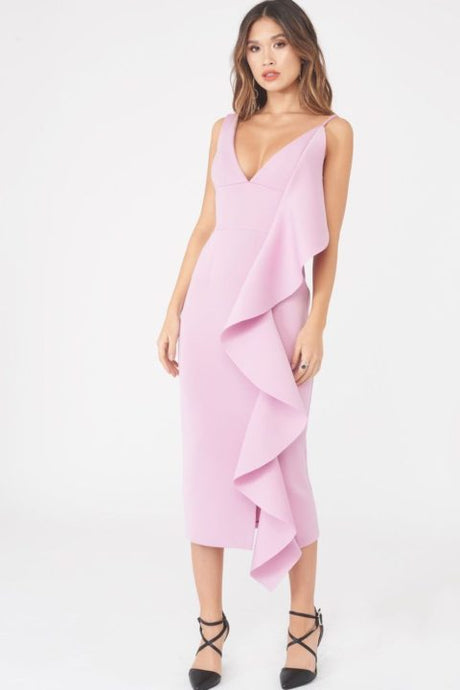 LAVISH ALICE ASYMMETRIC DRAPED FRILL MIDI DRESS