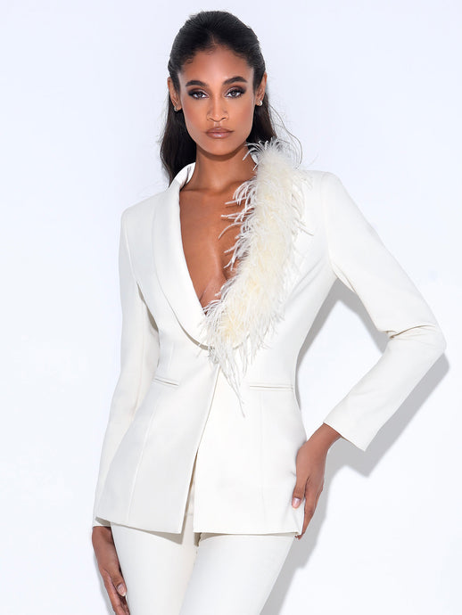 YULIA CREAM WHITE SUIT BLAZER WITH FEATHER TRIM