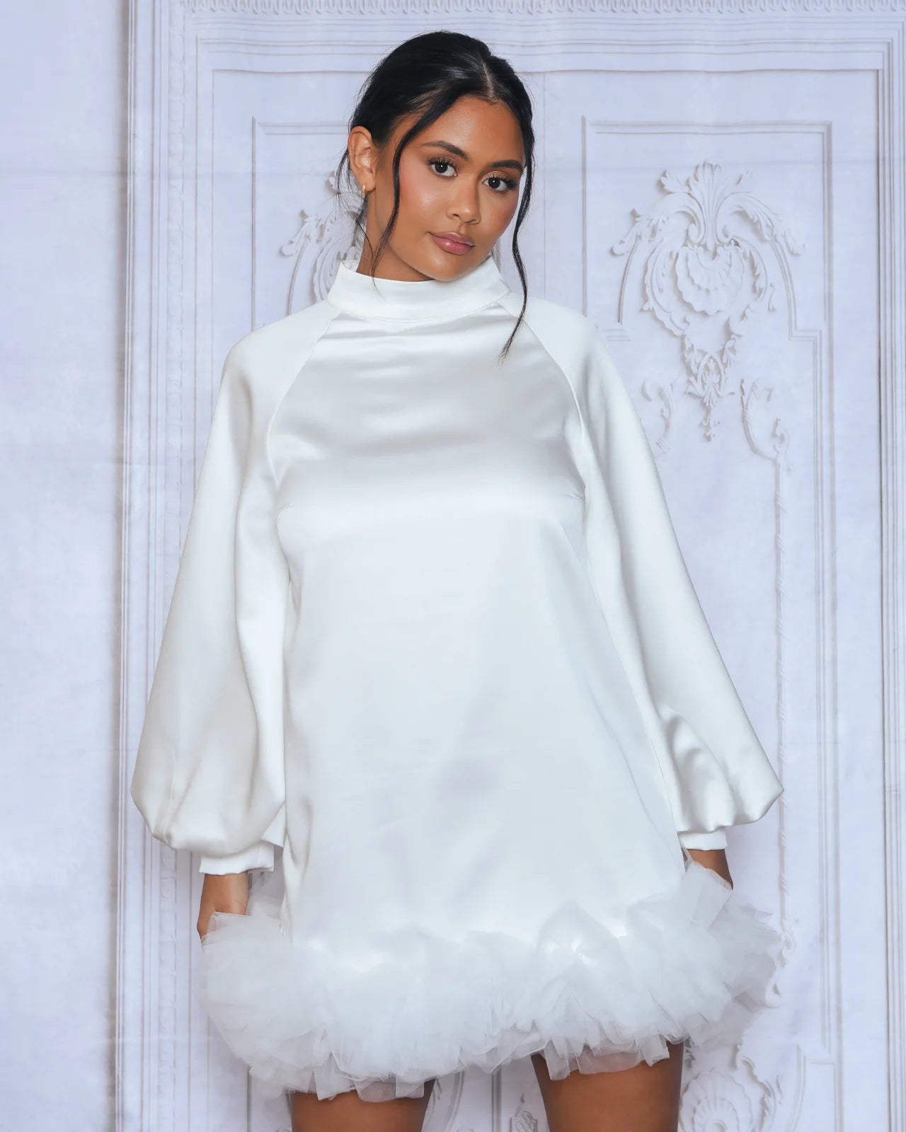 WHITE SMOCK MINI DRESS WITH VOLUME SLEEVE AND TULLE HEM – Arelia's