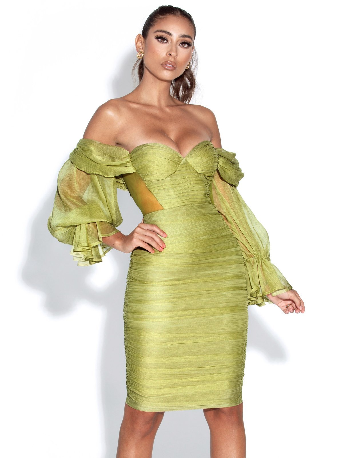 Sirene Olive Silk Pleated Off Shoulder hot Dress