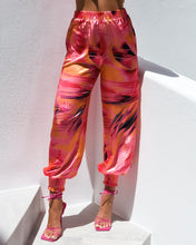 Load image into Gallery viewer, PINK &amp; ORANGE ABSTRACT PRINT SATIN TROUSERS WITH SHIRRED CUFF