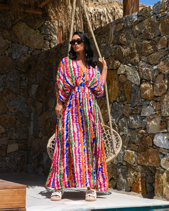 MULTI STRIPE MAXI DRESS WITH DRAPED BODICE AND SIDE SPLITS