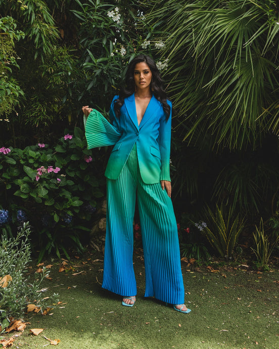 BLUE AND GREEN OMBRE PLEATED WIDE LEG TROUSER